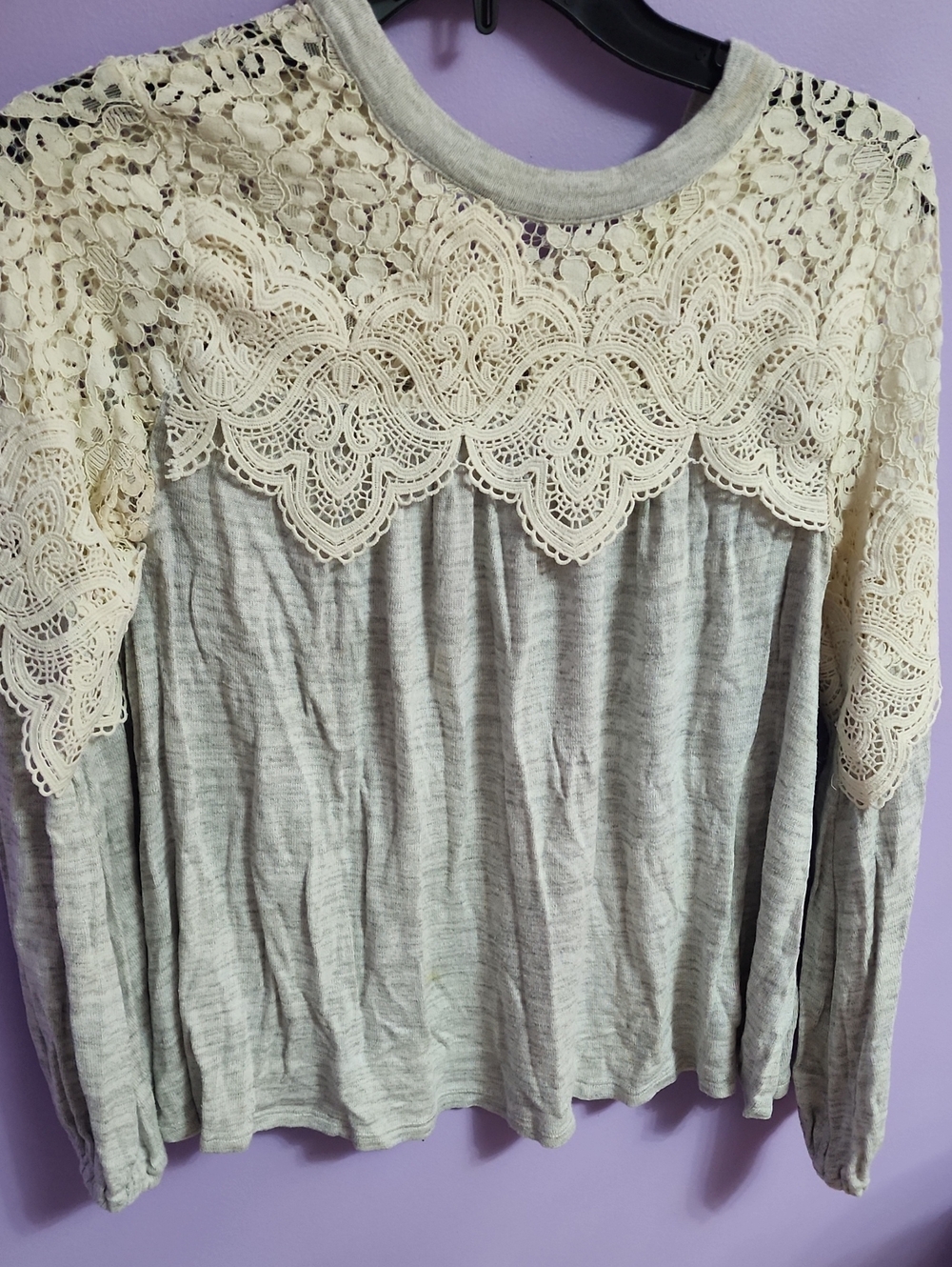 Gray Long-Sleeve Top with Cream Lace